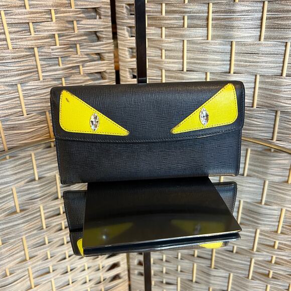 RARE Fendi Black Vitello Elite Calfskin Leather Crystal Eye Monster Long Wallet - Picture 8 of 13